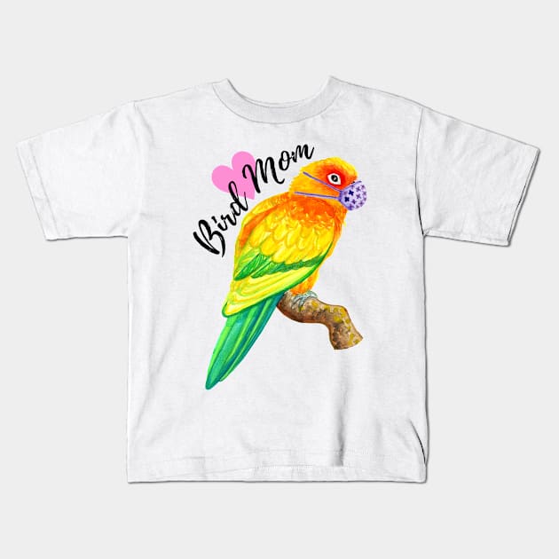 Bird Mom - Sun Conure Wearing Mask Kids T-Shirt by IvyLilyArt